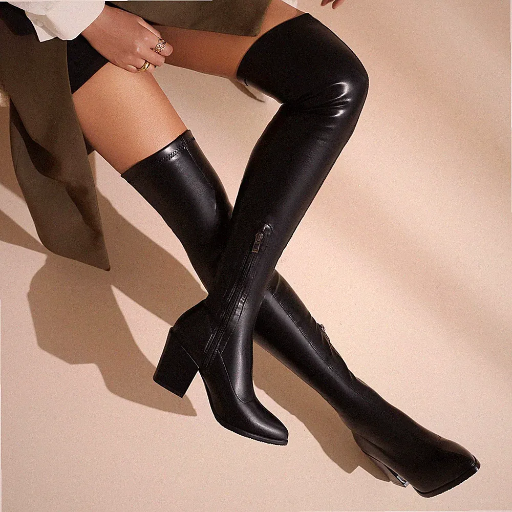 Damen Over Knee Stiefel Blockabsatz Heels Schuhe Spitz Boots Reißverschluss Neu