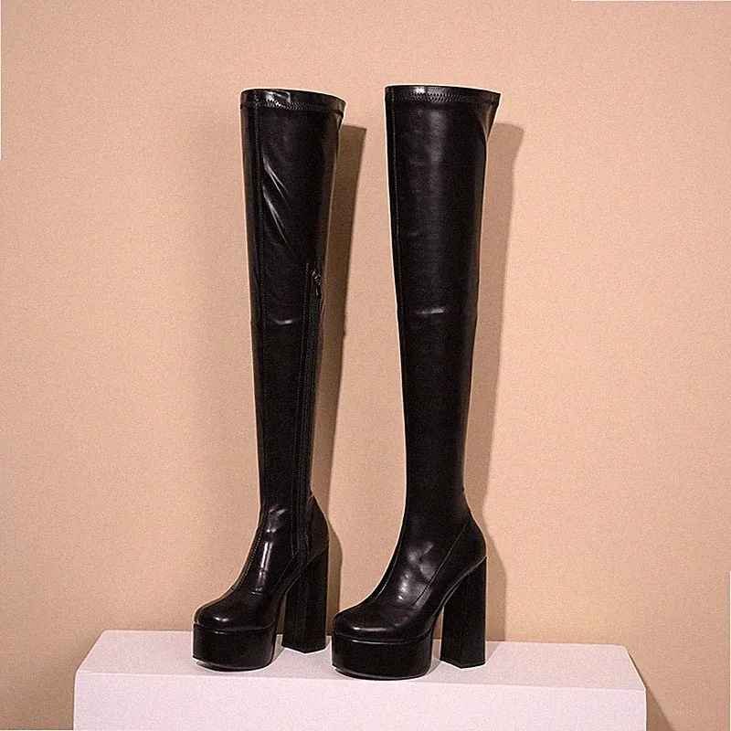 Damen Over Knee Stiefel High Heels Pumps Blockabsatz Plateau Schuhe Boots Zipper