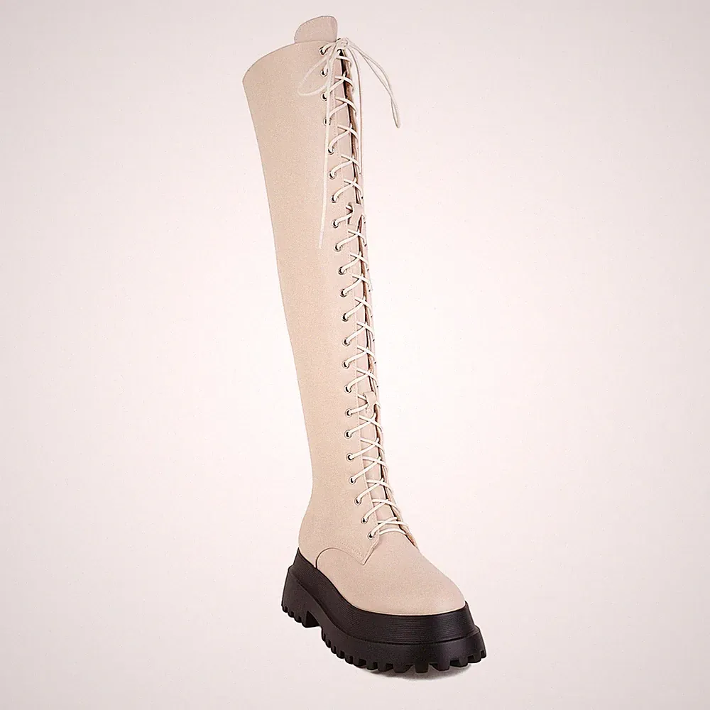 Damen Over Knee Stiefel Plateau Punk Schnürstiefel Westernstiefel Schuhe Boots
