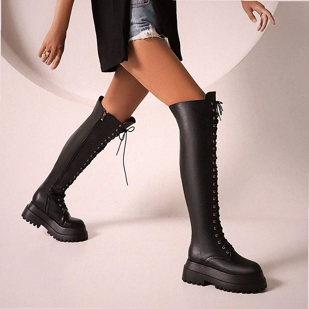 Damen Over Knee Stiefel Plateau Punk Schnürstiefel Westernstiefel Schuhe Boots