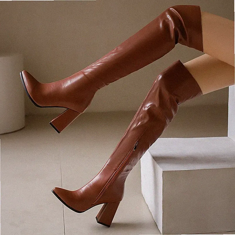 Damen Over Knee Stiefel Reißverschluss Blockabsatz Heels Nachtclub Schuhe Boots