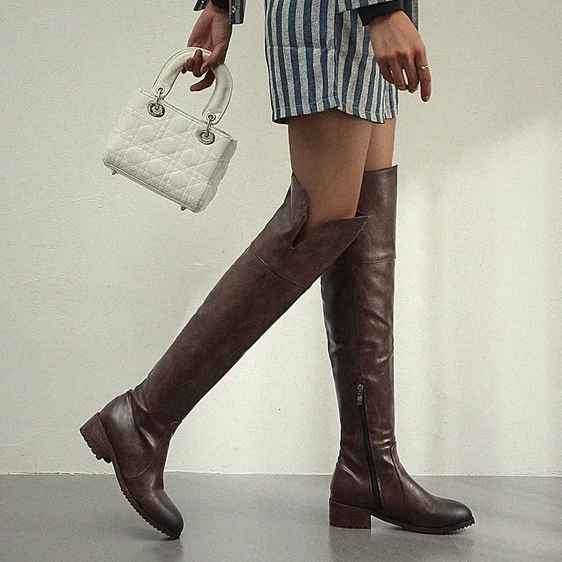 Damen Over Knee Stiefel Schuhe Boots Retro Western Cowboystiefel Reißverschluss