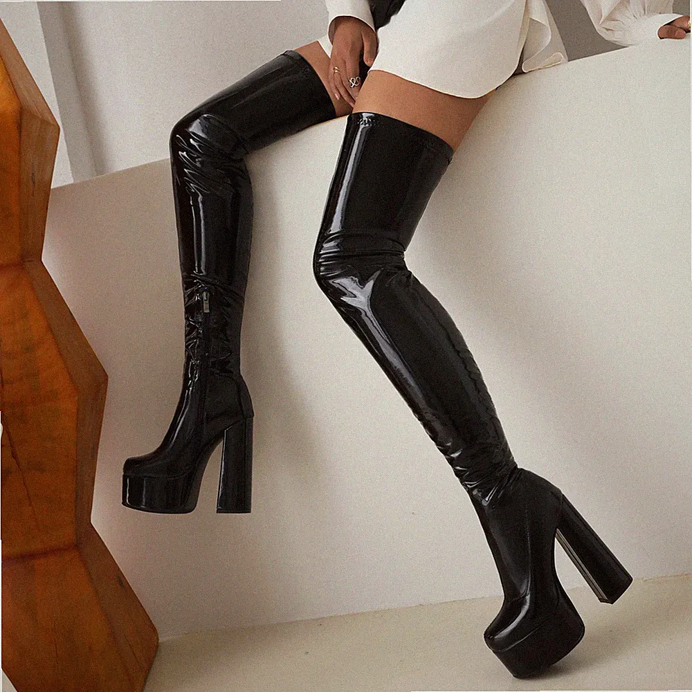Damen Overknee Stiefel High Heels Pumps Blockabsatz Plateau Nachtclub Schuhe Z18