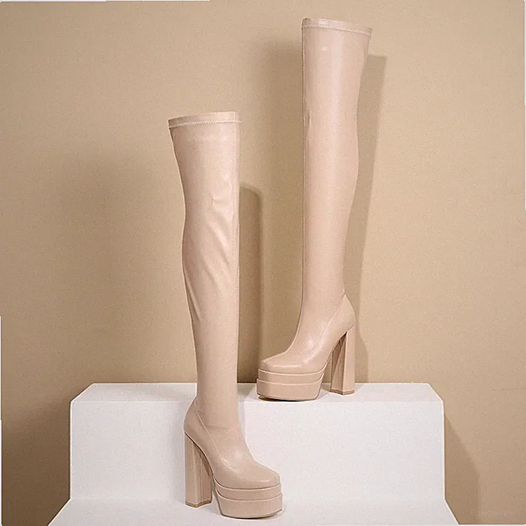Damen Overknee Stiefel High Heels Pumps Blockabsatz Plateau Schuhe Boots G245
