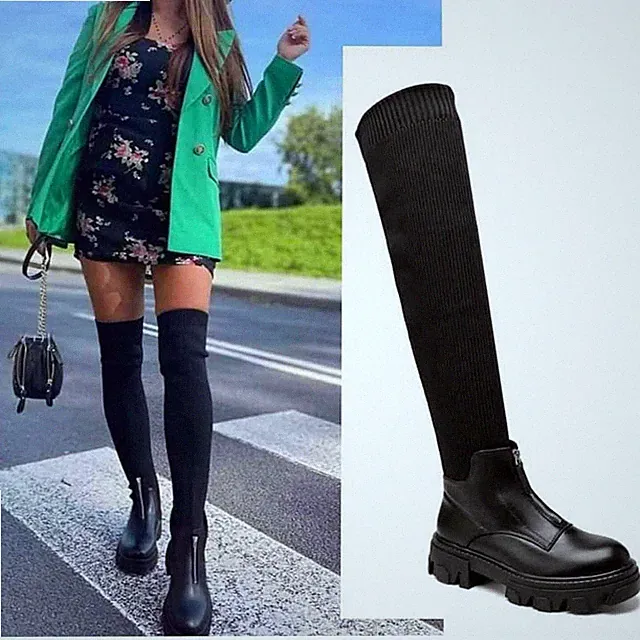 Damen Overknee Stiefel Reißverschluss Sockenschuhe Stiefeletten Blockabsatz