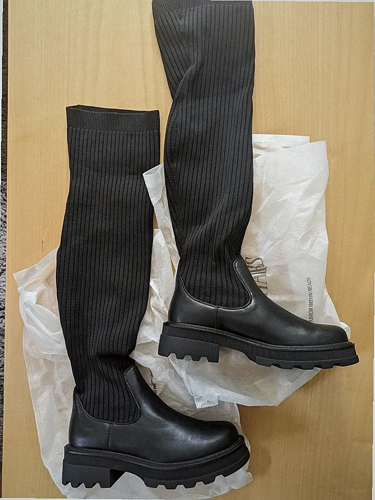 Damen Overknee-Stiefel Schwarz Blockabsatz Profilsohle Stretch Slip-On Gr. 39