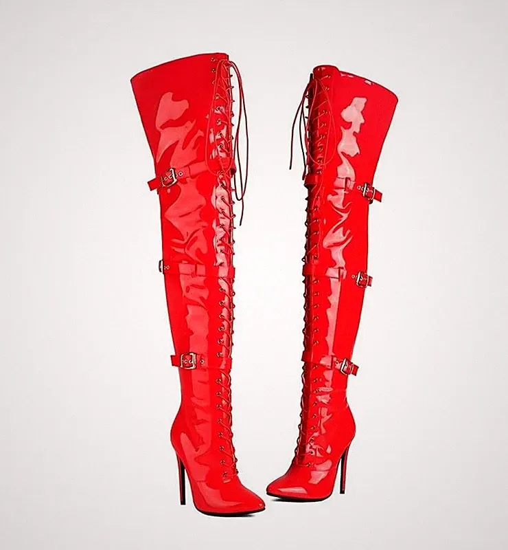 Damen Overknee Stiefel Spitze Geschlossene Zehen Stiletto High Heels Lacklede...