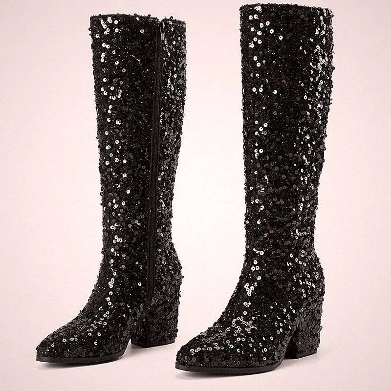Damen Pailletten Kniehohe Stiefel Spitz Blockabsatz Reißverschluss Bühnenstiefel