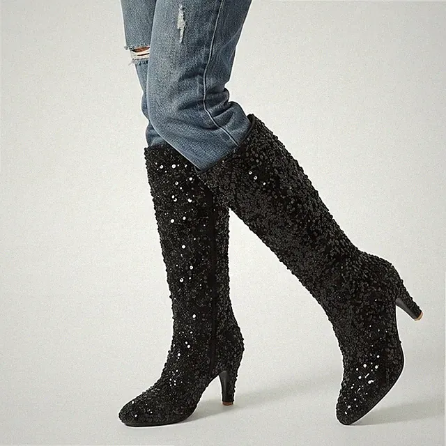 Damen Pailletten Kniehohe Stiefel Spitze Stilettoabsatz Party Modeschuhe