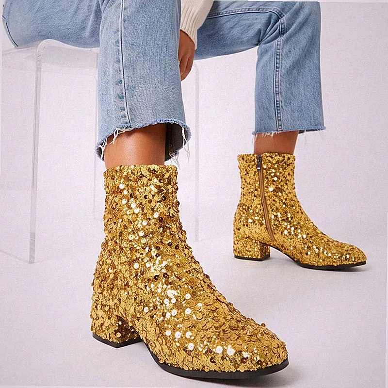 Damen Pailletten‑Stiefeletten Runde Form Blockabsatz Glitzer Party Bühne Schuhe