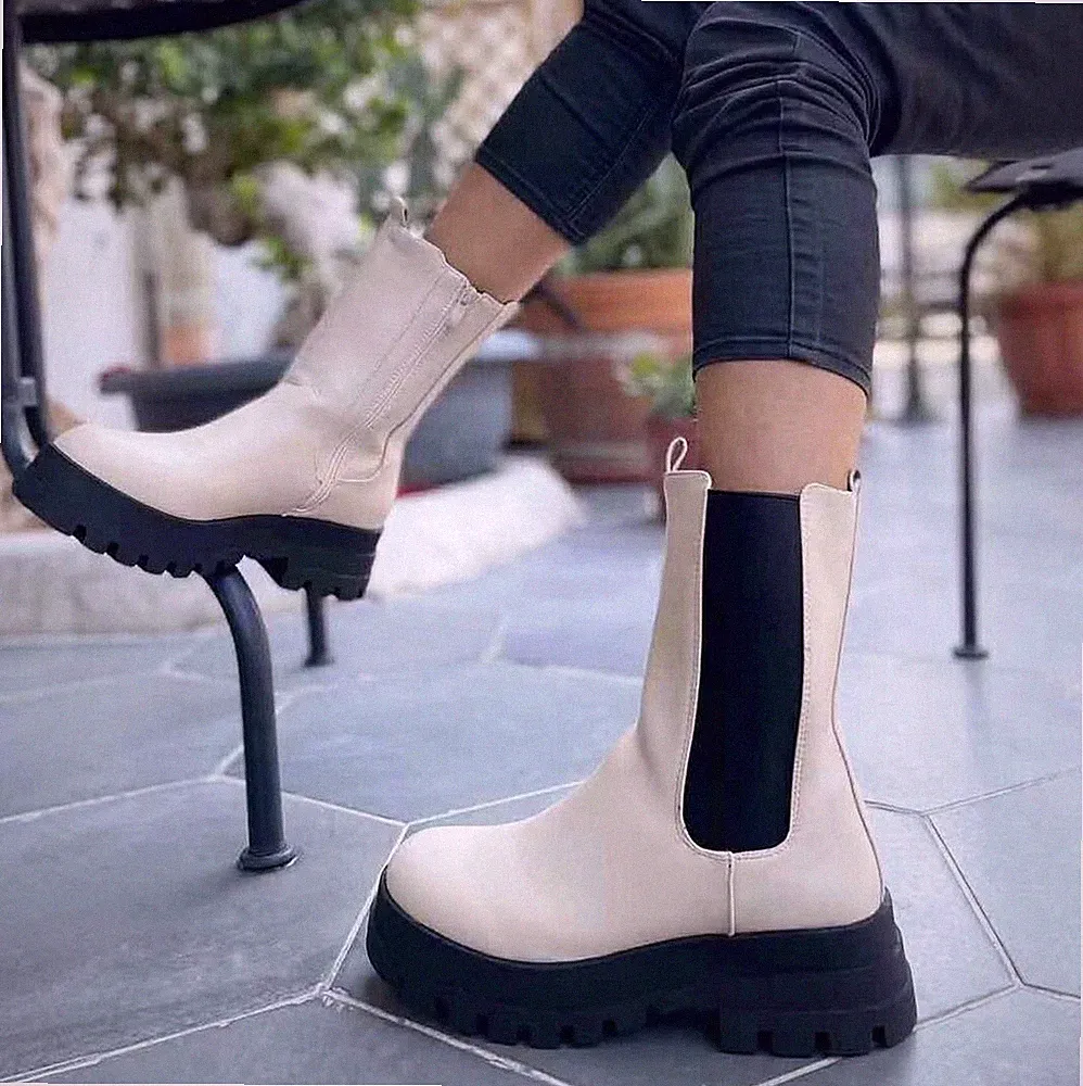 Damen Plateau Stiefeletten Chelsea Boots Stiefel Schuhe Gr. 36-41 beige schwarz