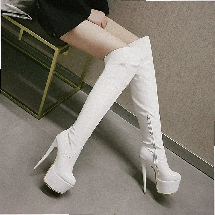 Damen Plateau Stilettoabsatz Lackleder Over Knee Stiefel Reißverschluss Schuhe