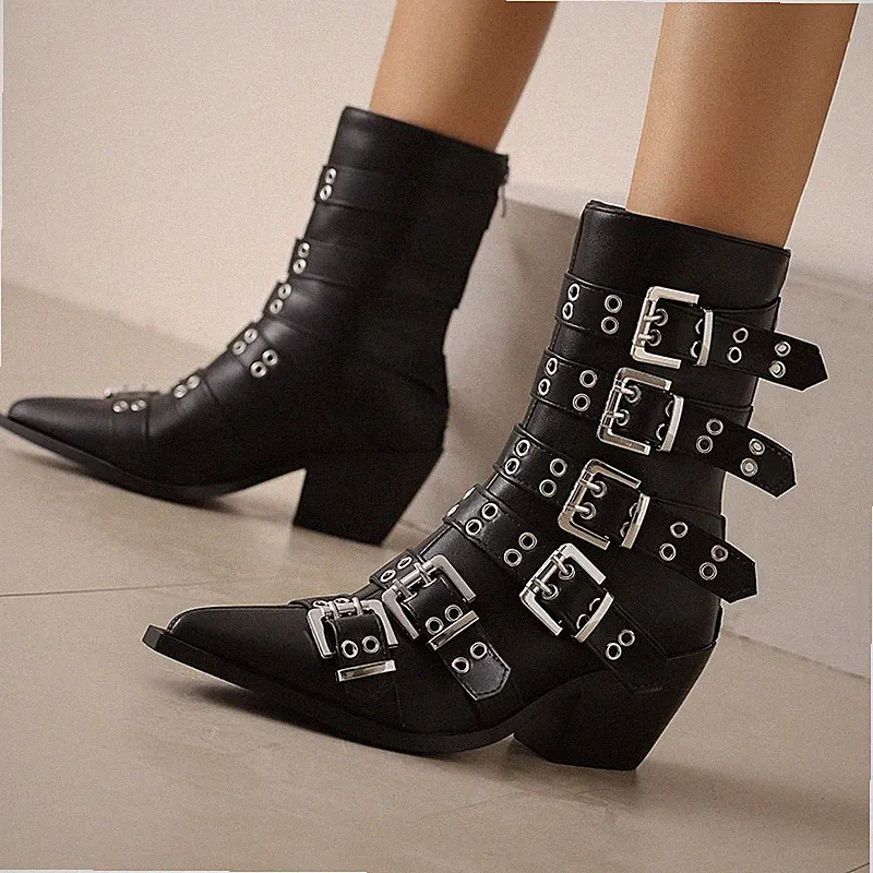 Damen Punk Ritterstiefel Stiefel Schnallen Stiefeletten Schuhe Blockabsatz H700