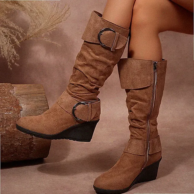 Damen Retro Schnalle Keilabsatz Mittelkalbstiefel Reißverschluss Herbst Schuhe