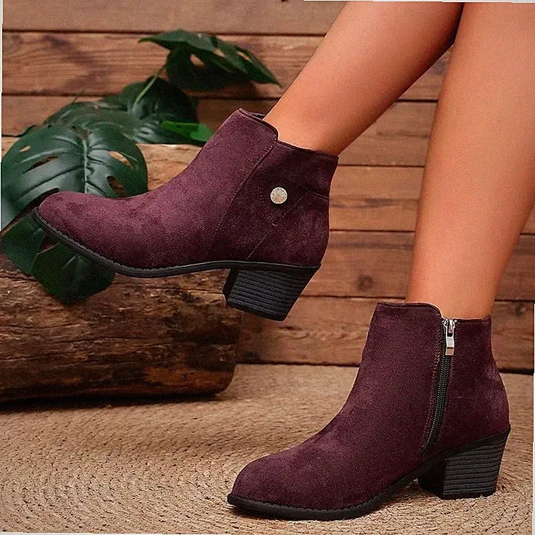 Damen Runde Form Stiefeletten Blockabsatz mit Reißverschluss Knopfdekor