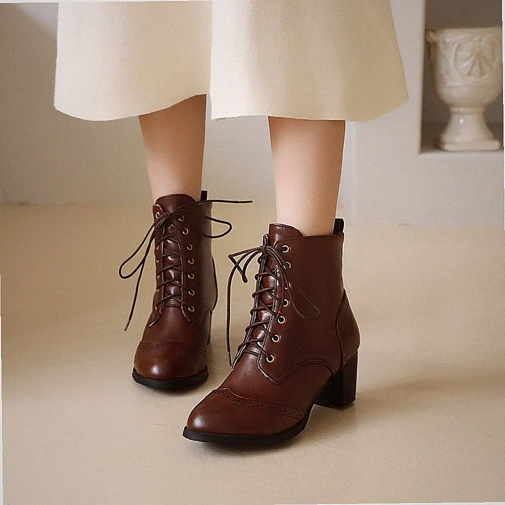Damen Schnürung Knöchel Stiefel Stiefeletten Pumps Schuhe Blockabsatz Heels w120