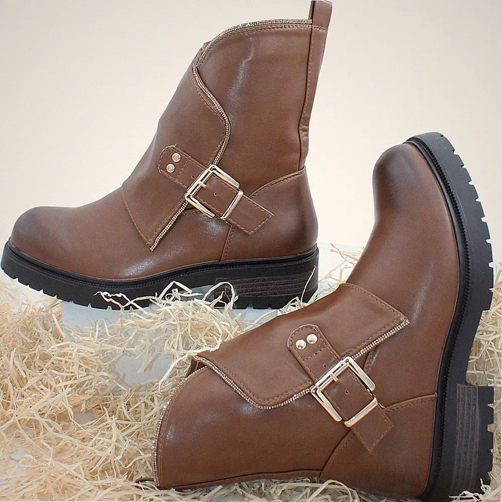 Damen Schuhe Stiefel Stiefeletten Biker Boots Bequem Strass Schnalle YL02