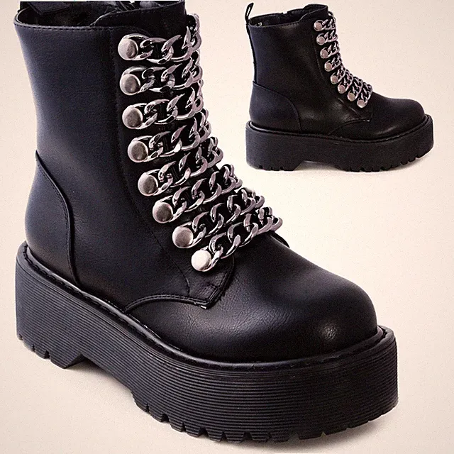 Damen Schuhe Stiefeletten Amphibien Bikerstiefel Panzerkette Platform G525