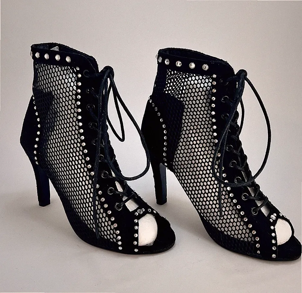 Damen Schuhe Stiefeletten Tanzschuhe High Heels Dance Schwarz 36 Strass 9 cm