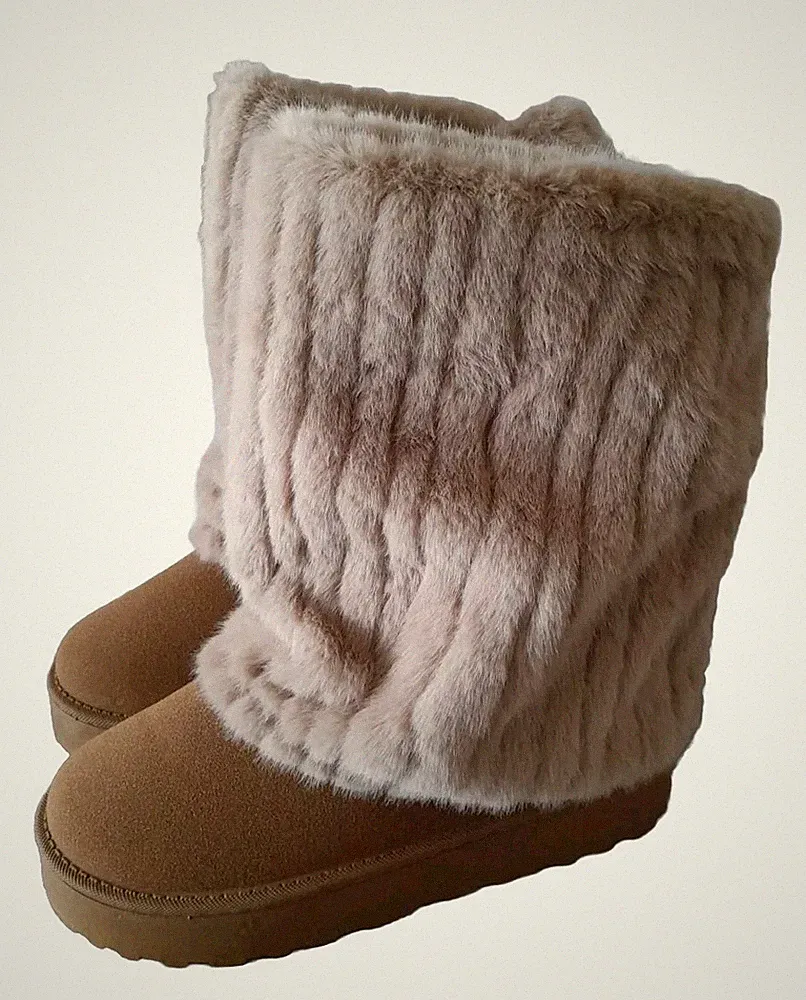 Damen Schuhe Winter Boots beige braun gefüttert weich Fell-Stiefel Gr 38/39 NEU