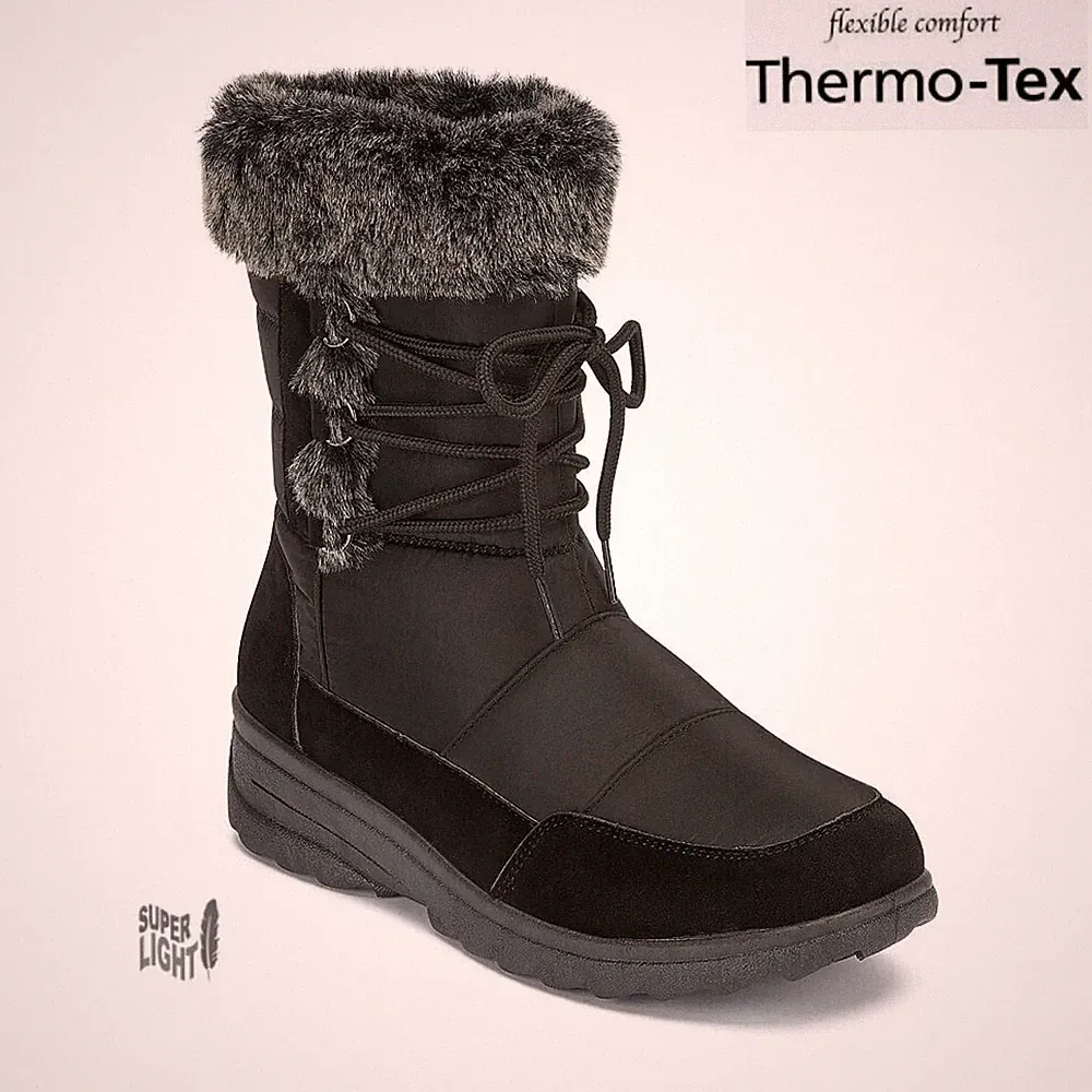 DAMEN SCHWARZ ZUM SCHNÜREN NYLON WINTER THERMO DAMEN GUMMISTIEFEL FELL SCHNEESTIEFEL