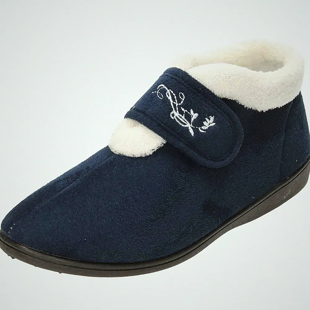 Damen Slipper Stiefeletten Bootee dunkelblau warm V vorne flach Haus Schuhe kuschelig