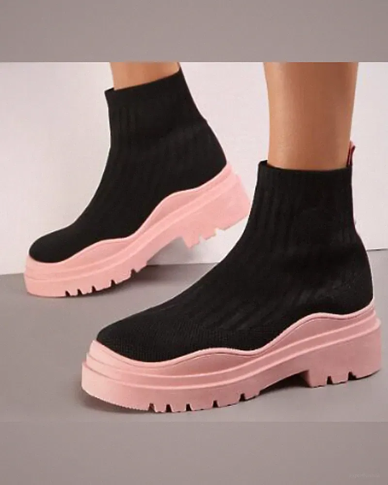 Damen Sock Boots Socken-Stiefeletten Schwarz Rosa Chunky Plateau Sohle Gr. 39
