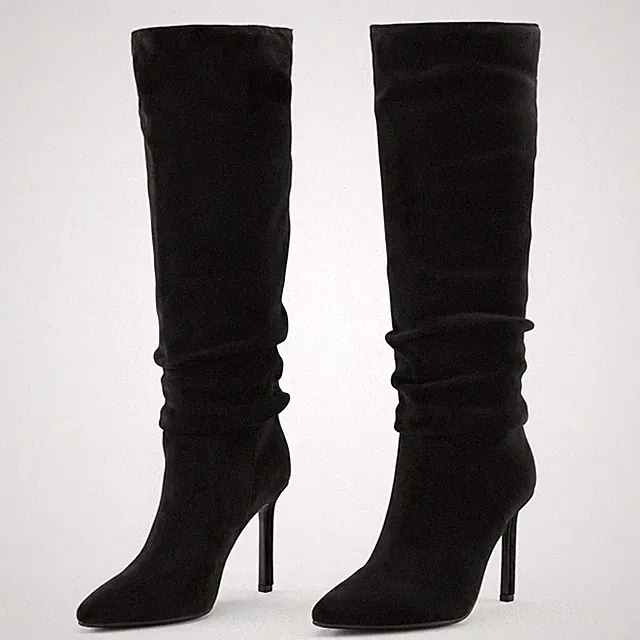 Damen Spitze Kniehohe Stiefel Faux-Seide Slip-On mit Stilettabsatz