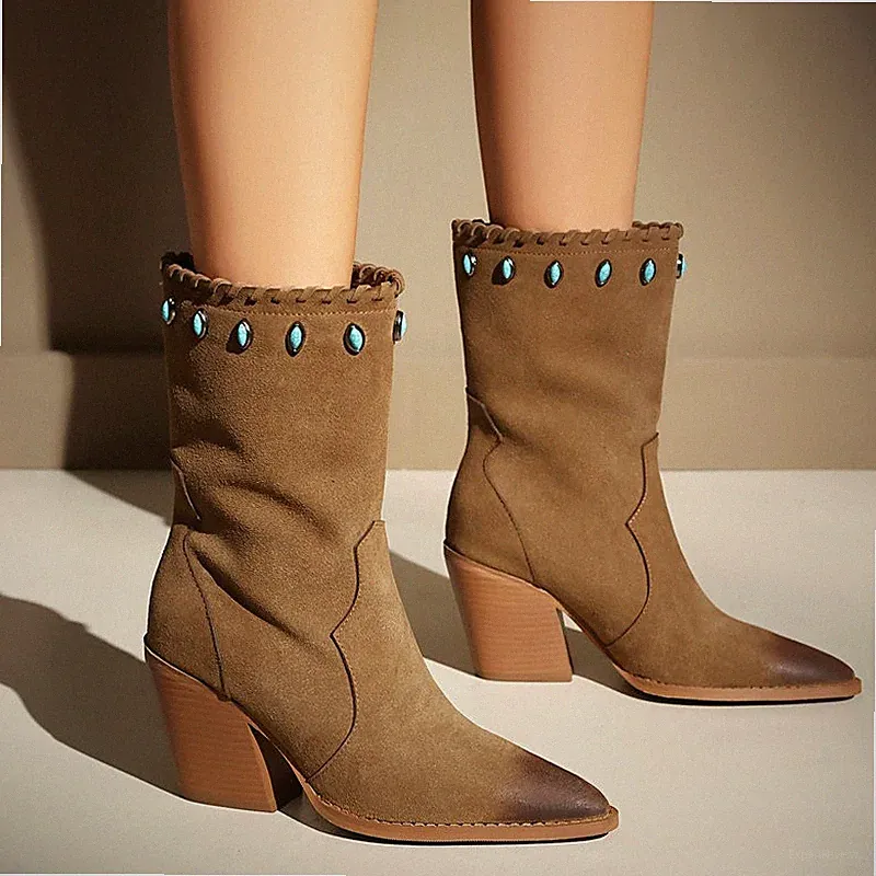 Damen Spitze Western Cowgirl Schuhe Faux-Seide Blockabsatz Mittelkalbstiefel