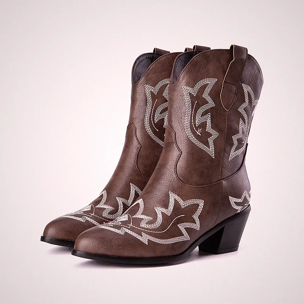Damen Stickerei Cowboystiefel Knöchel Stiefel Stiefeletten Schuhe Blockabsatz