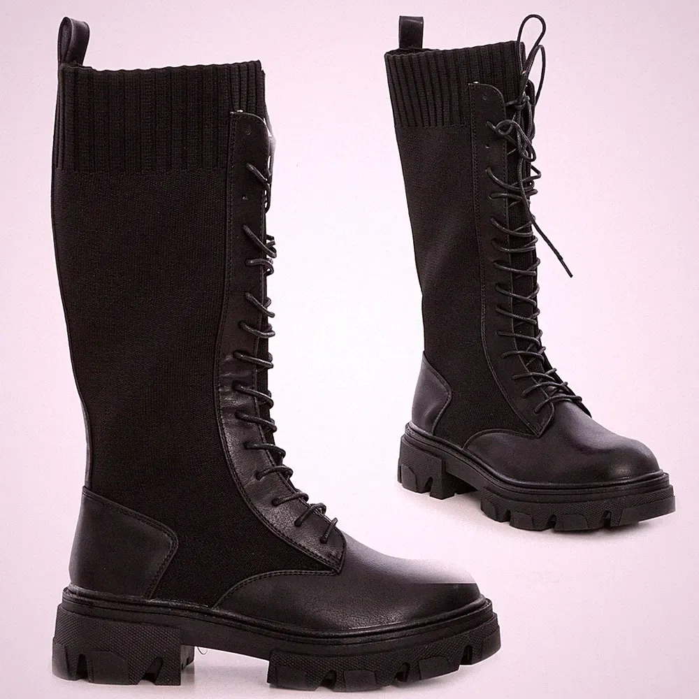 Damen Stiefel Amphibien Stretch Biker Schnürer Flatform TOOCOOL G656