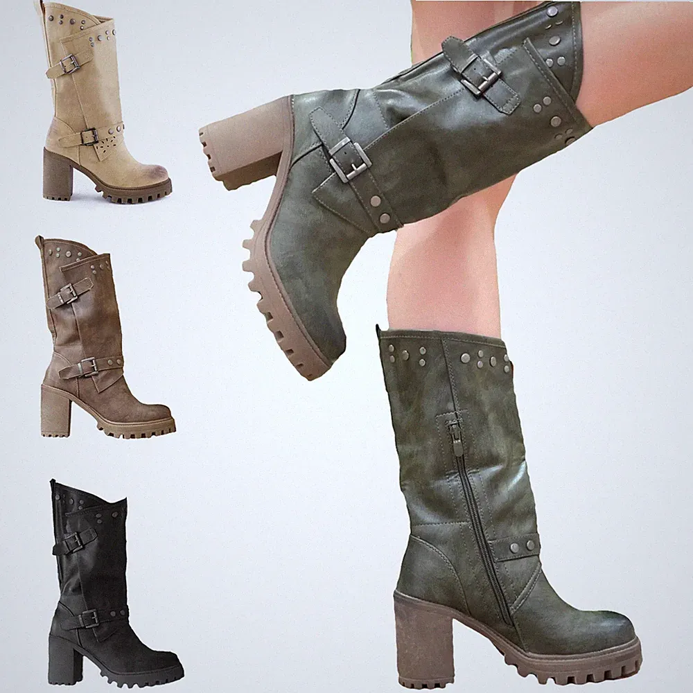Damen Stiefel bequemer Absatz Panzer Biker Freizeitschuhe TOOCOOL G673