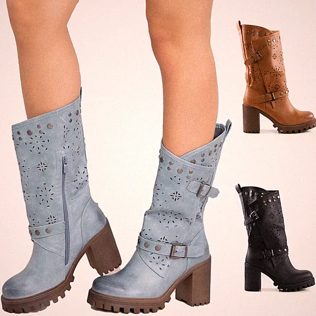 Damen Stiefel bequemer Absatz perforiert Biker Casual TOOCOOL G669