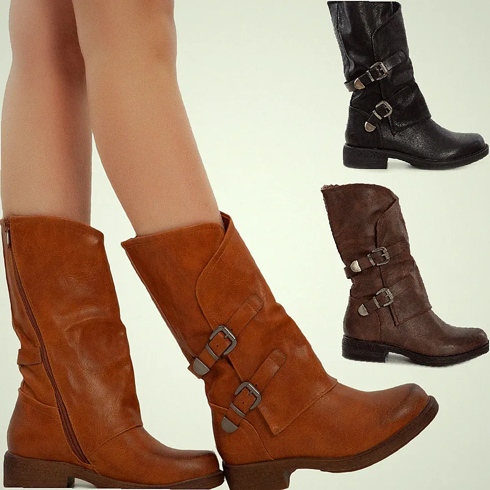 Damen Stiefel Biker Boots Schnallen Amphibien Biker Freizeitschuhe TOOCOOL G620