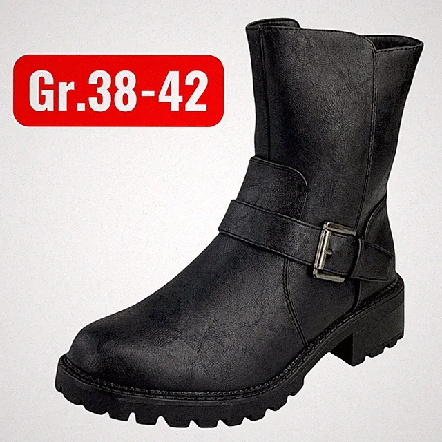 Damen Stiefel Boots Gefütterte Winterstiefel Blockabsatz Profilsohle Leder-Optik