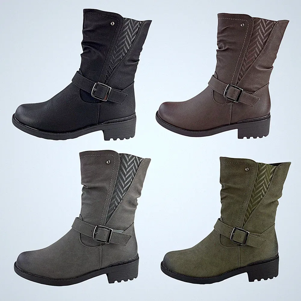Damen Stiefel Boots Winter Gefüttert Blockabsatz Profilsohle Leder-Optik 73788