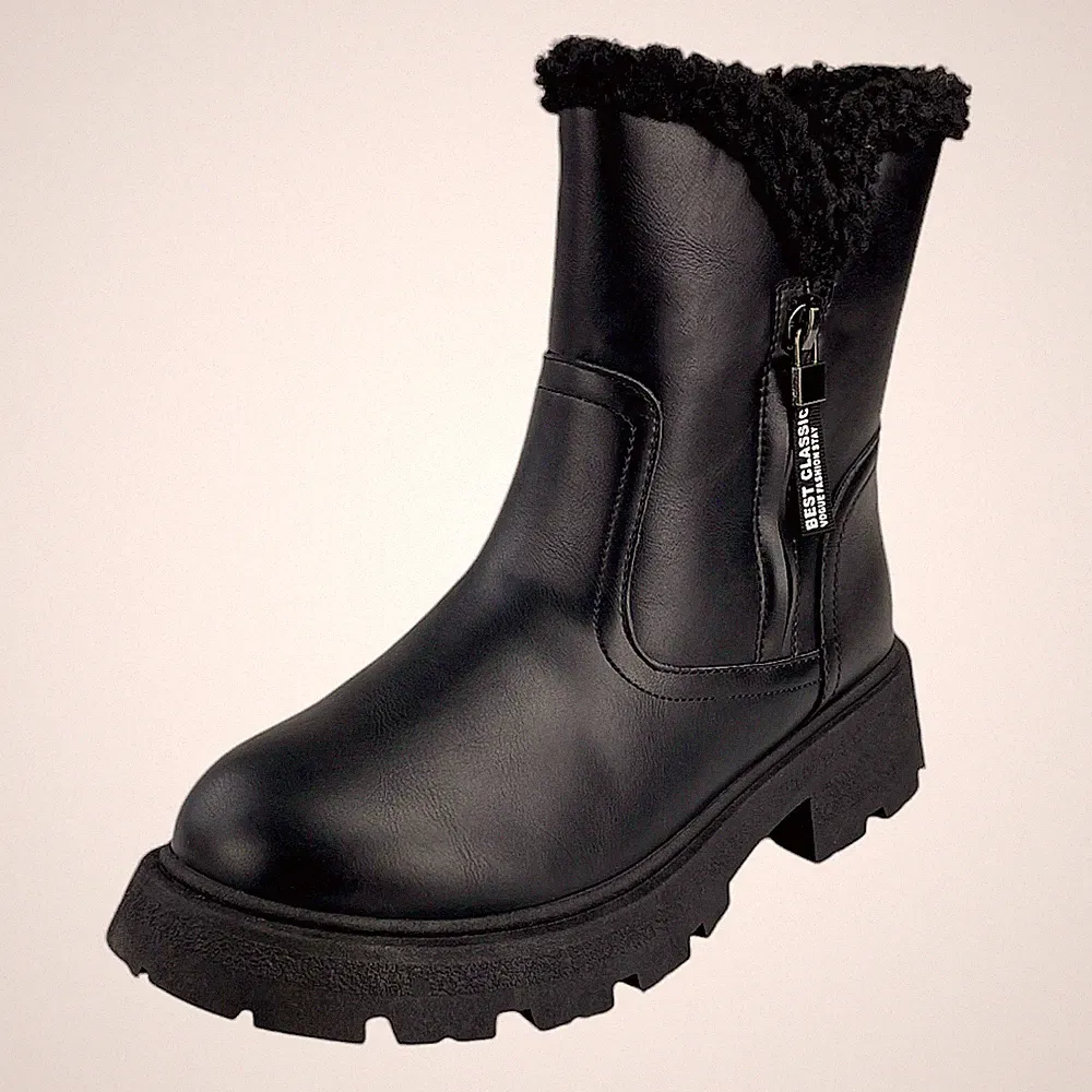 Damen Stiefel Boots Winterschuh Gefüttert Blockabsatz Schwarz Leder-Optik 73793