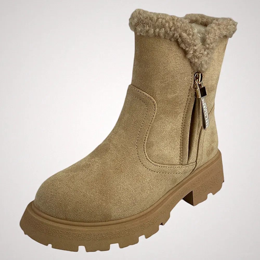 Damen Stiefel Boots Winterstiefel Gefüttert Blockabsatz Profilsohle beige 73795
