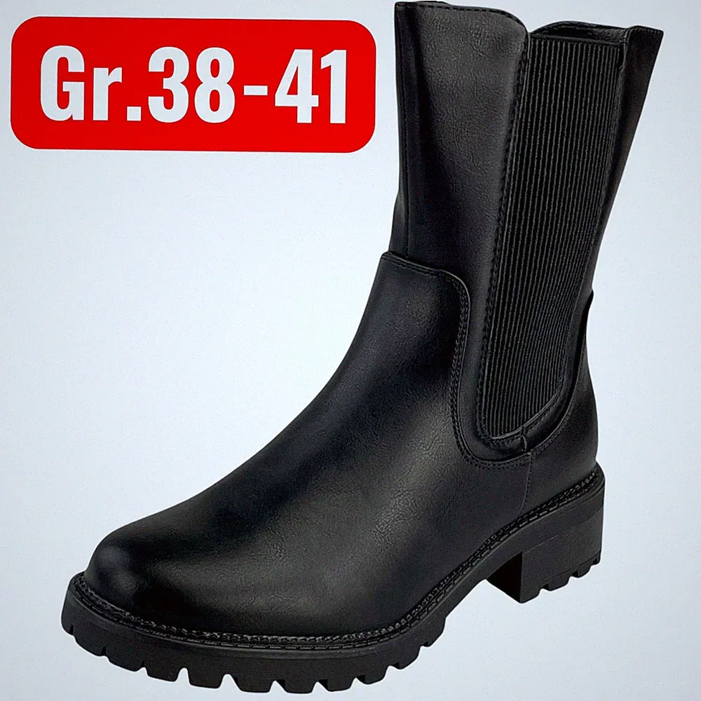 Damen Stiefel Boots Winterstiefel Gefüttert Blockabsatz Profilsohle Leder-Optik