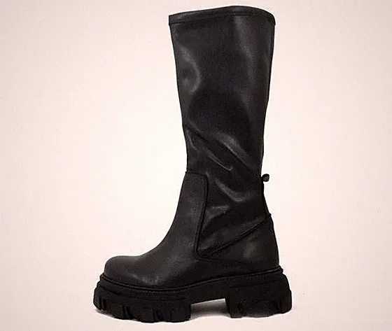Damen Stiefel Combat Leder Schwarz Stretch Schaft mit Reißverschluss Made in Italy