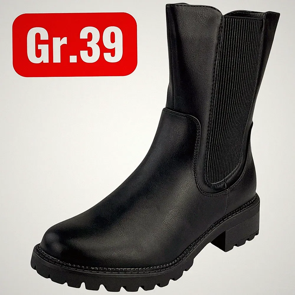 Damen Stiefel Gr. 39 Boots Winter Gefüttert Blockabsatz Profilsohle Leder-Optik
