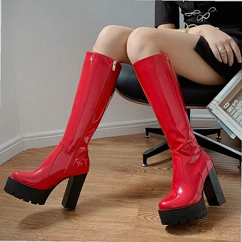 Damen Stiefel Kniehohe Lackleder Blockabsatz Plattform Reißverschluss Ritterschu
