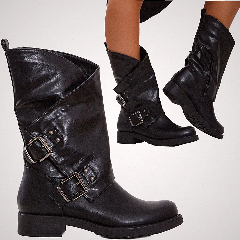 Damen Stiefel niedrig Biker Boots Biker Stiefeletten Schnallen Amphibien SA9907