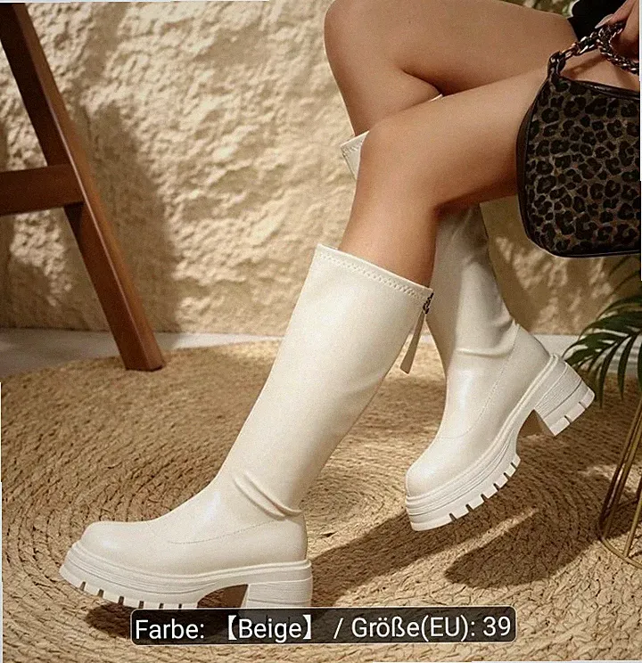 Damen Stiefel Reißverschluss Beige Gr.39 Plateau Neu