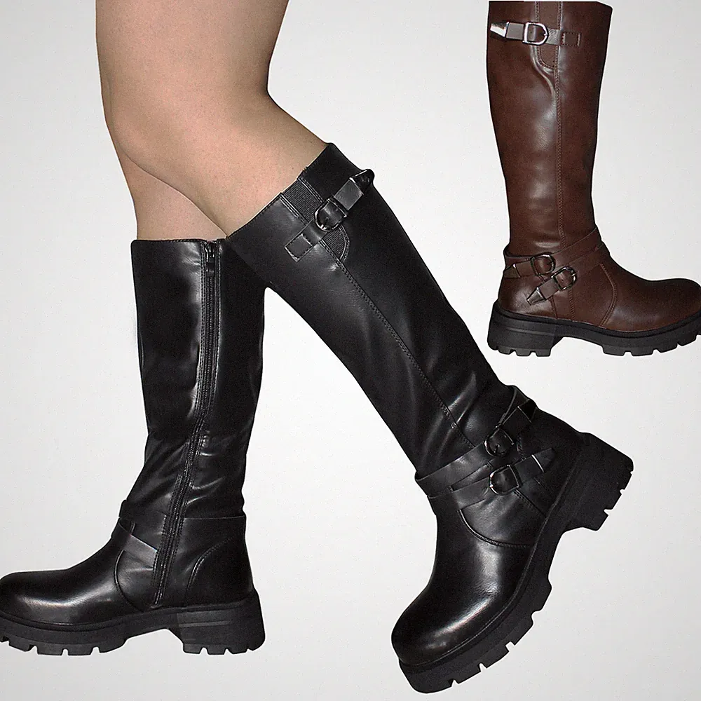 Damen Stiefel Schuhe Stiefeletten lang bequem Schnalle Leder Öko 898-3