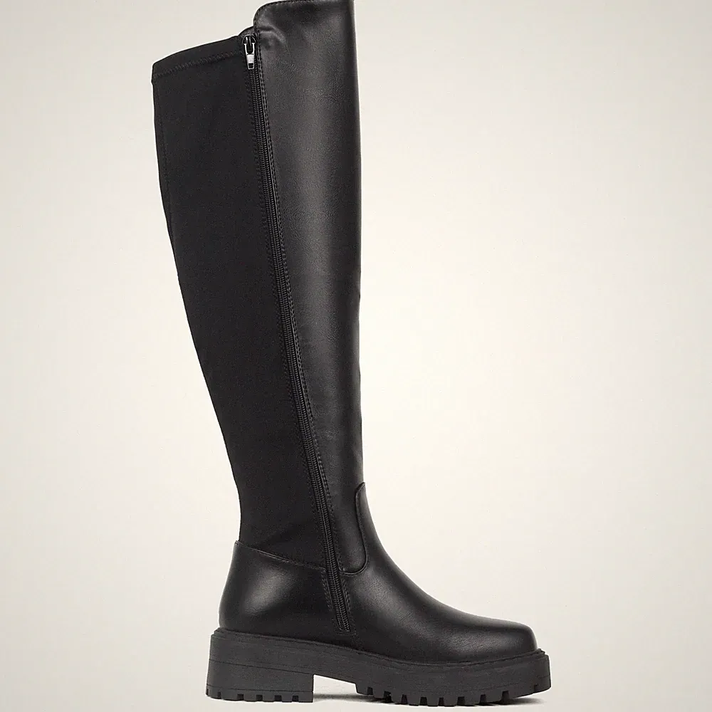 Damen Stiefel Schwarz Erwachsene Damen Kniehoch Reißverschluss Kunstleder Reitstiefel