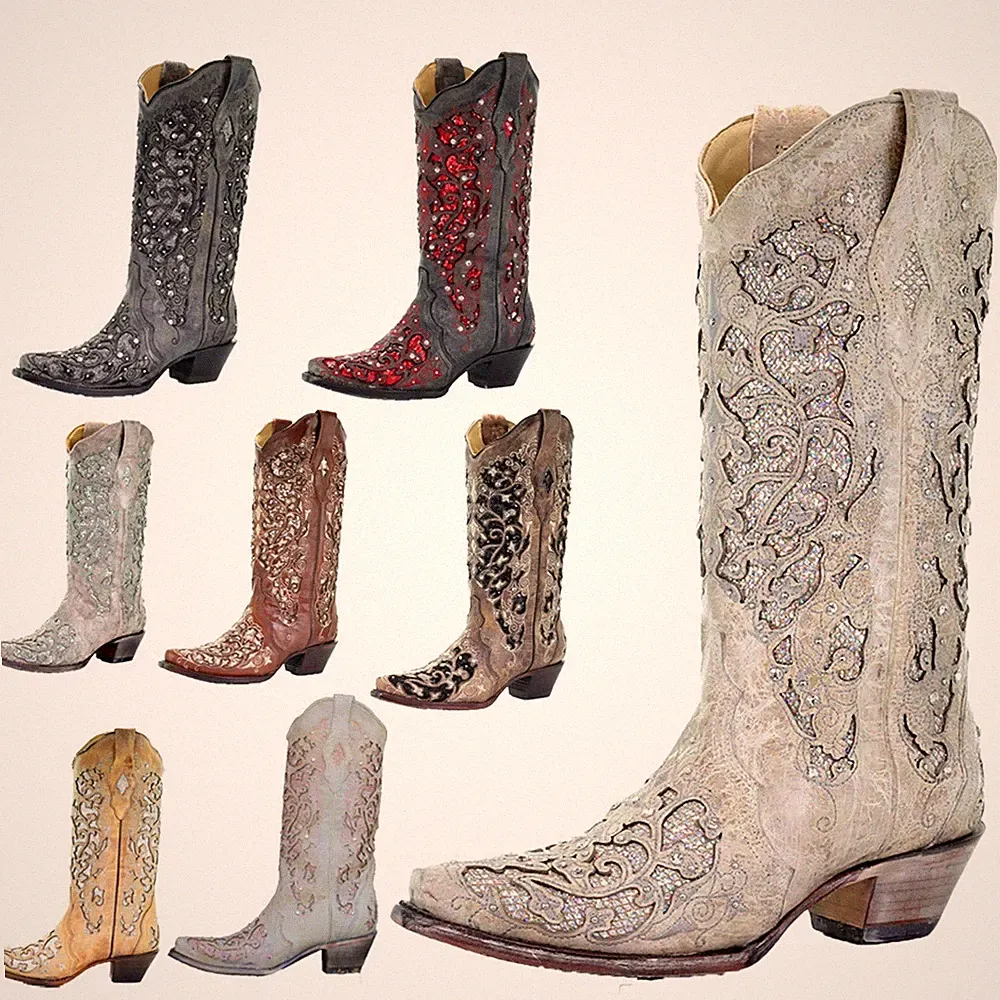 Damen Stiefel Stiefeletten Blockabsatz Bestickt Strass Cowboystiefel Schuhe X176