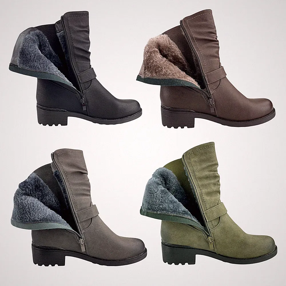 Damen Stiefel Winter Boots Gefüttert Blockabsatz Profilsohle Leder-Optik 73821