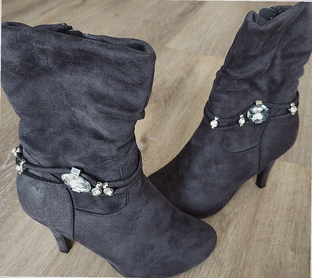 Damen Stiefelette Dunkelgrau Wildleder Kittenabsatz Schmucksteine Gr.36