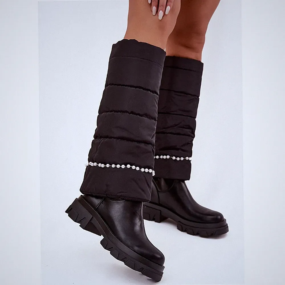 Damen-Stiefeletten aus PU-Leder mit warmem Perlenbezug